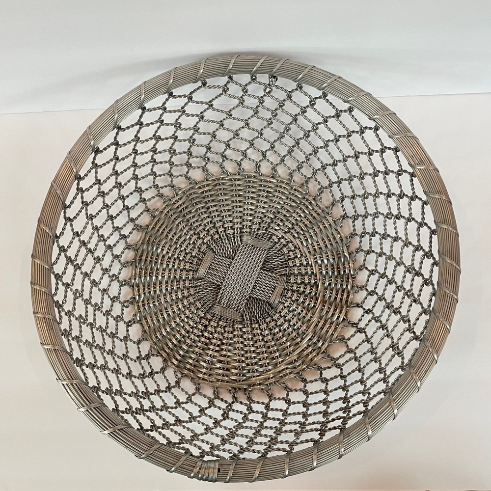 Vintage Silver Woven Wire Mesh Basket Round Decorative Centerpiece 15.5" Large